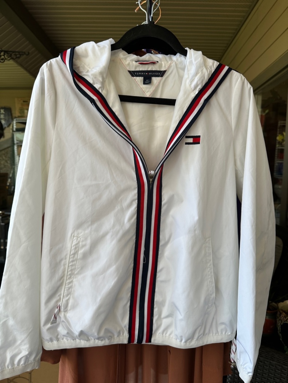 Tommy Hilfiger White Hooded Bomber Jacket with Red & Navy Trim Small 19” P2P